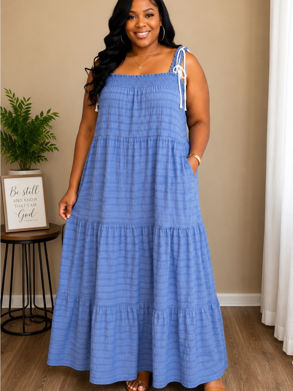 Tie-Shoulder Blue Maxi Dress with Tiered Skirt